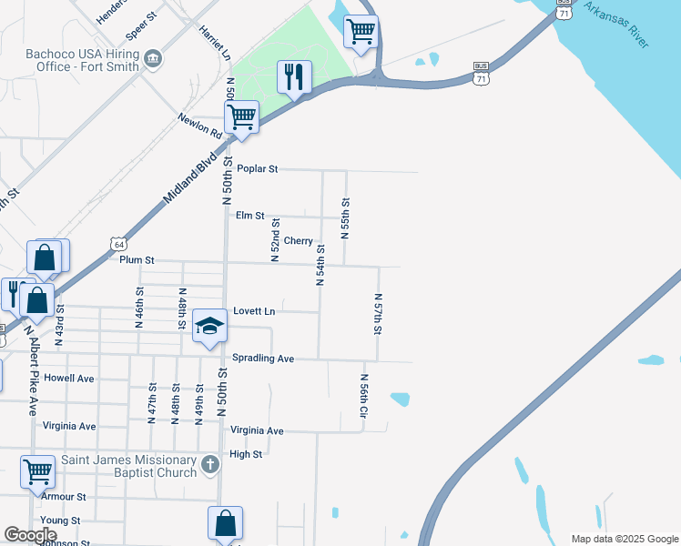 map of restaurants, bars, coffee shops, grocery stores, and more near 5428 Plum Street in Fort Smith