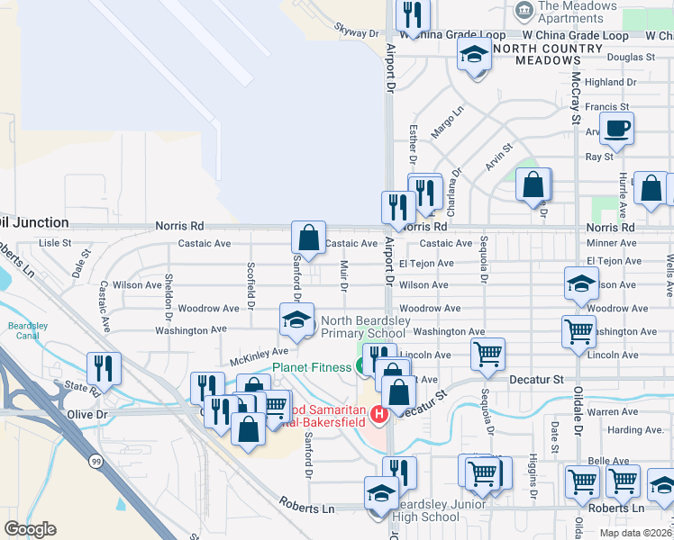 map of restaurants, bars, coffee shops, grocery stores, and more near 1003 El Tejon Avenue in Bakersfield