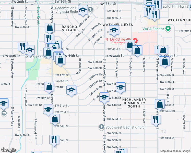 map of restaurants, bars, coffee shops, grocery stores, and more near 1324 Williams Drive in Oklahoma City