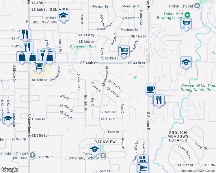 map of restaurants, bars, coffee shops, grocery stores, and more near 5109 Southeast 46th Street in Oklahoma City