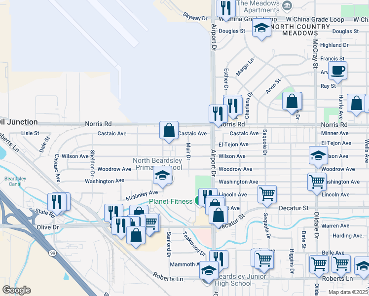 map of restaurants, bars, coffee shops, grocery stores, and more near 1003 El Tejon Avenue in Bakersfield