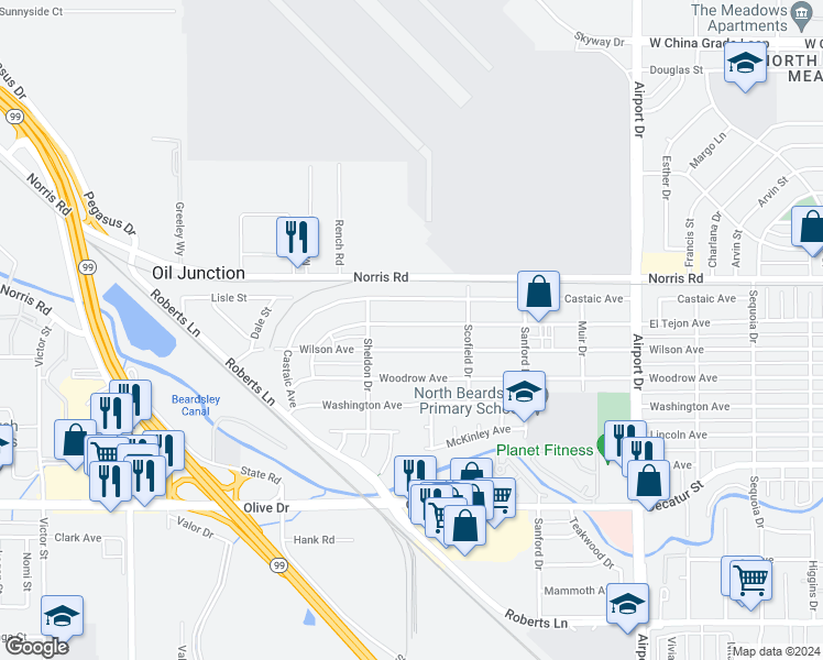 map of restaurants, bars, coffee shops, grocery stores, and more near 1223 El Tejon Avenue in Bakersfield