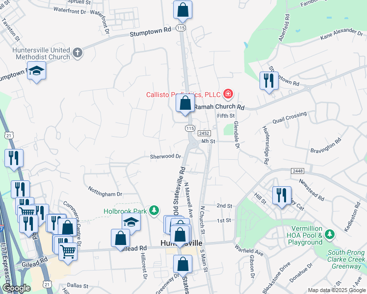 map of restaurants, bars, coffee shops, grocery stores, and more near 401 North Old Statesville Road in Huntersville