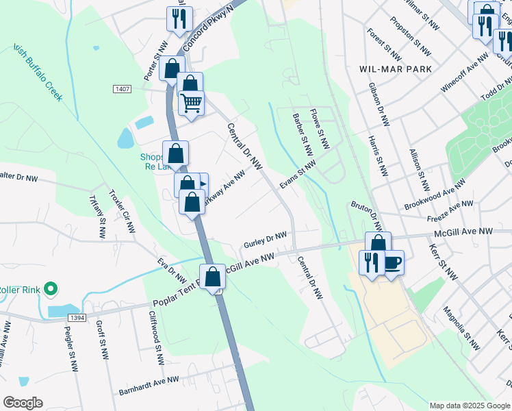 map of restaurants, bars, coffee shops, grocery stores, and more near 377 Lizzie Court Northwest in Concord
