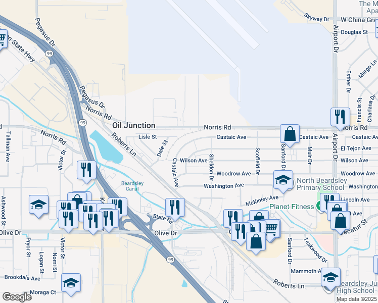 map of restaurants, bars, coffee shops, grocery stores, and more near in Oildale