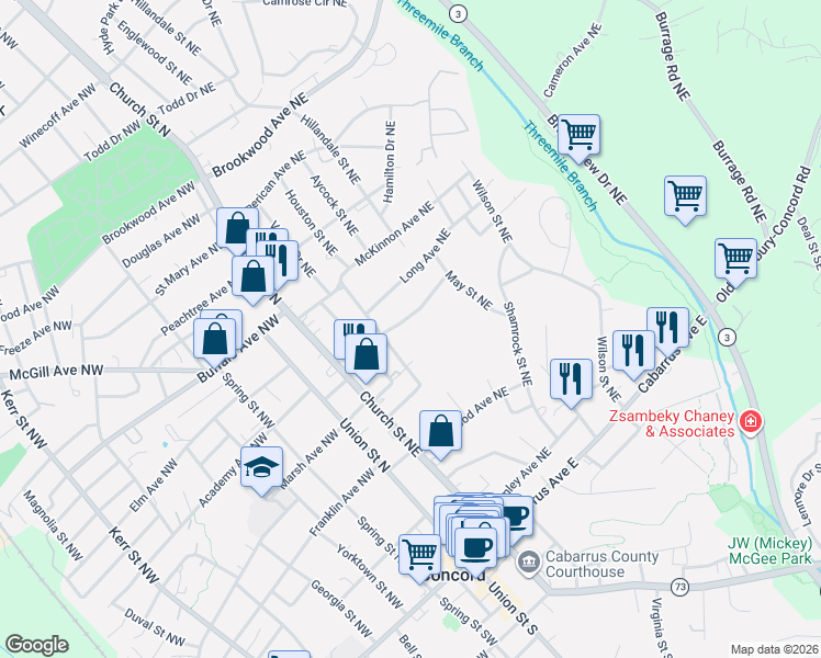 map of restaurants, bars, coffee shops, grocery stores, and more near 102 Meadow Avenue Northeast in Concord