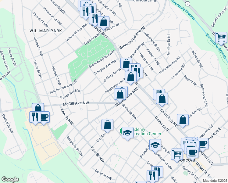map of restaurants, bars, coffee shops, grocery stores, and more near 64 Ash Avenue Northwest in Concord