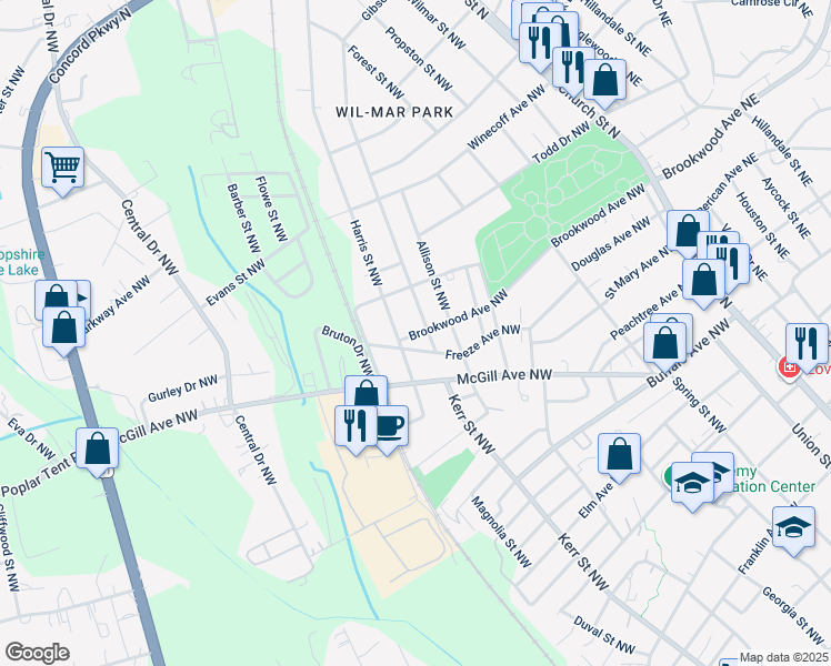 map of restaurants, bars, coffee shops, grocery stores, and more near 495 Gibson Drive Northwest in Concord