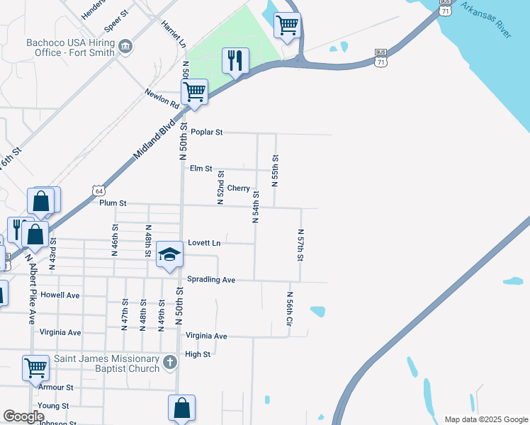 map of restaurants, bars, coffee shops, grocery stores, and more near 4014 North 54th Street in Fort Smith
