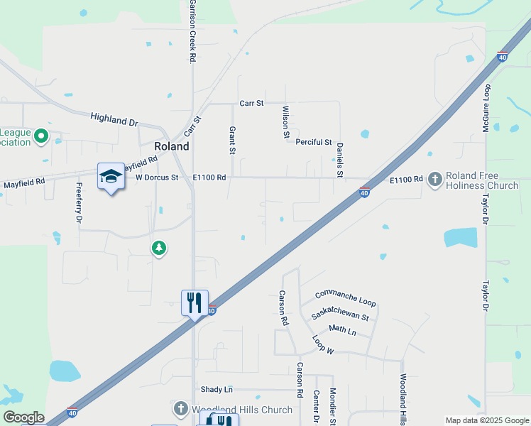 map of restaurants, bars, coffee shops, grocery stores, and more near 301 Russell Street in Roland