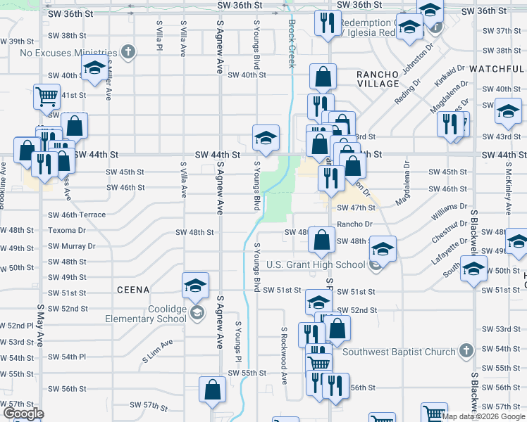 map of restaurants, bars, coffee shops, grocery stores, and more near 2301 Southwest 47th Street in Oklahoma City