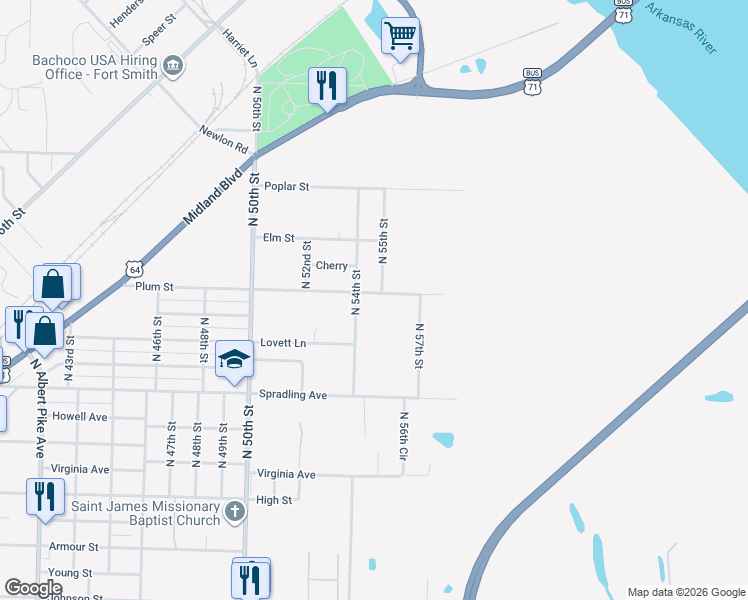 map of restaurants, bars, coffee shops, grocery stores, and more near 5424 Plum Street in Fort Smith