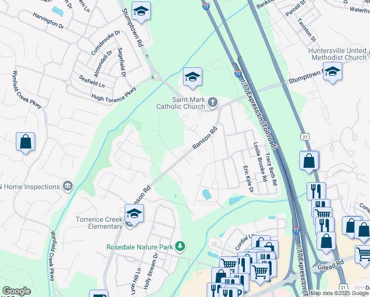 map of restaurants, bars, coffee shops, grocery stores, and more near 15111 Ranson Road in Huntersville