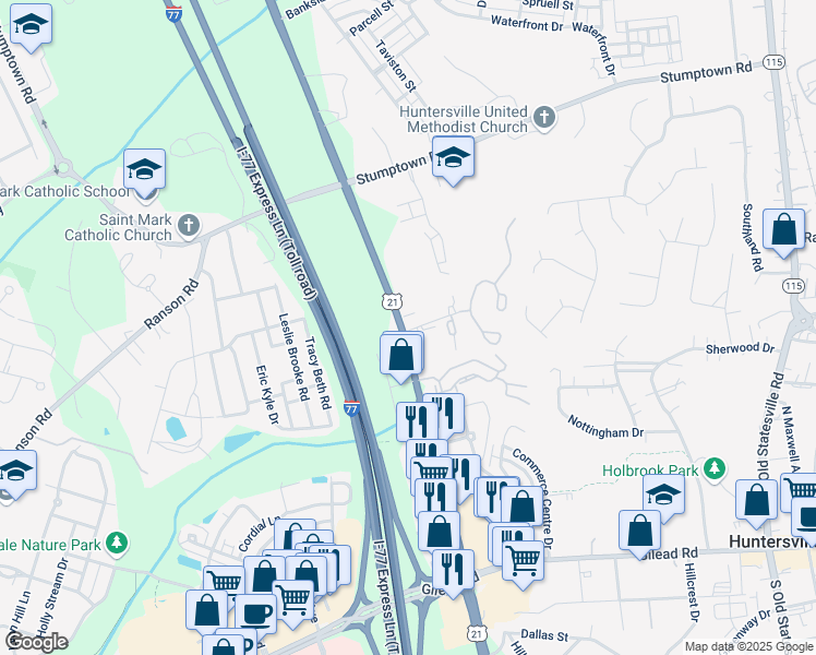 map of restaurants, bars, coffee shops, grocery stores, and more near 14340 Hunters Road in Huntersville