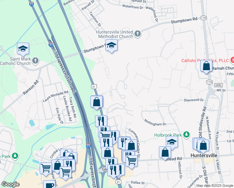 map of restaurants, bars, coffee shops, grocery stores, and more near 905 Hunters Road in Huntersville