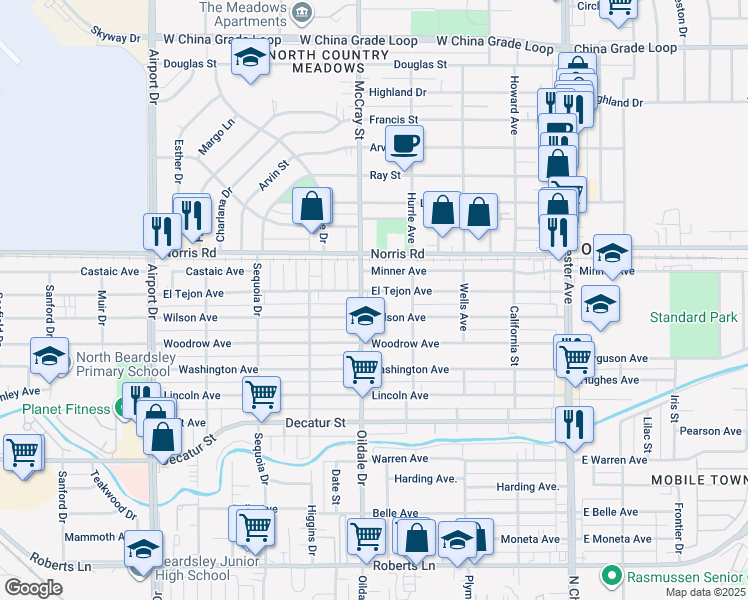 map of restaurants, bars, coffee shops, grocery stores, and more near 419 El Tejon Avenue in Bakersfield