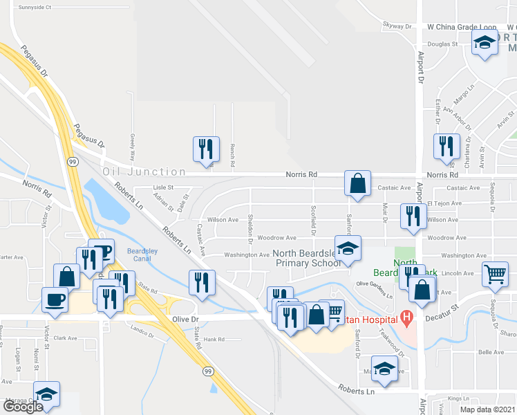 map of restaurants, bars, coffee shops, grocery stores, and more near 1237 El Tejon Avenue in Bakersfield