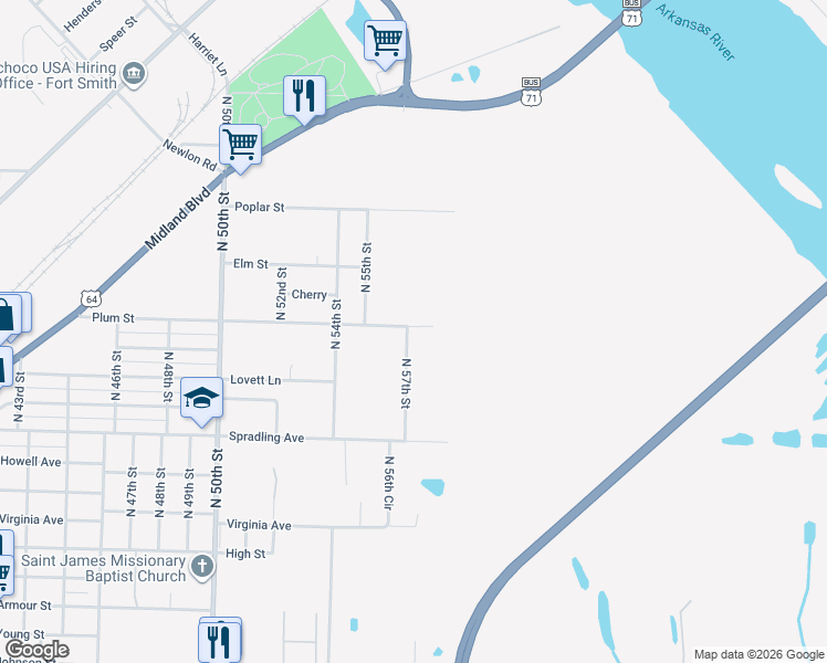 map of restaurants, bars, coffee shops, grocery stores, and more near 4020 North 57th Street in Fort Smith