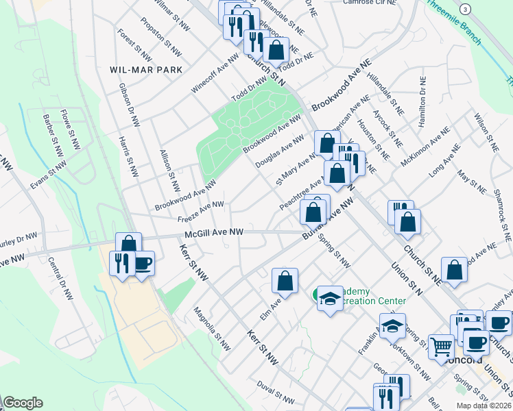 map of restaurants, bars, coffee shops, grocery stores, and more near 123 Saint Mary Avenue Northwest in Concord