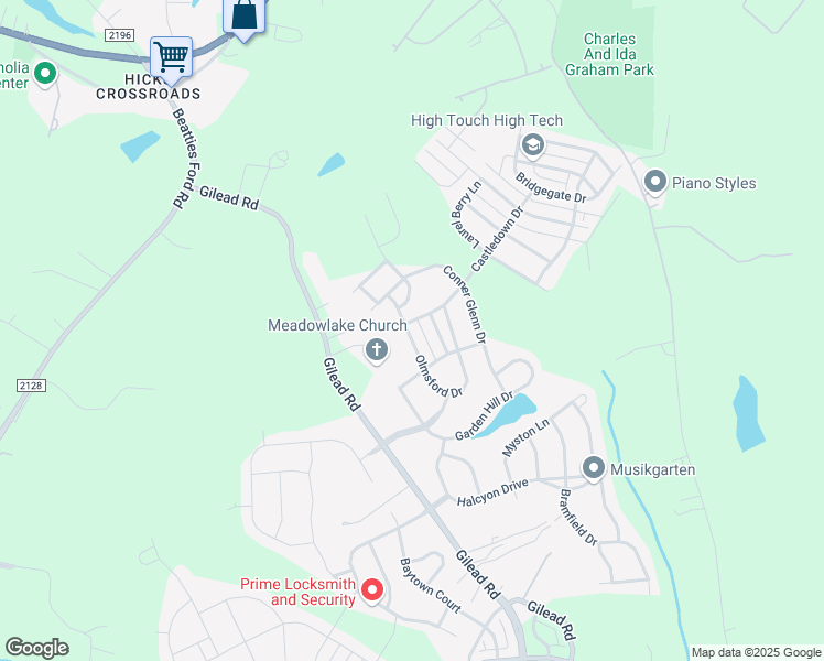 map of restaurants, bars, coffee shops, grocery stores, and more near 6607 Olmsford Drive in Huntersville