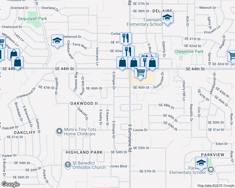 map of restaurants, bars, coffee shops, grocery stores, and more near 4205 Southeast 47th Street in Oklahoma City