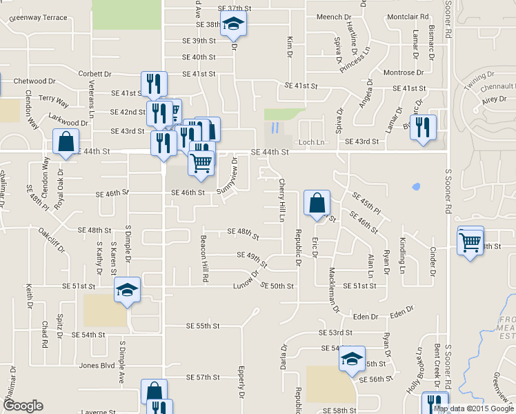 map of restaurants, bars, coffee shops, grocery stores, and more near 4700 Southeast 46th Street in Oklahoma City