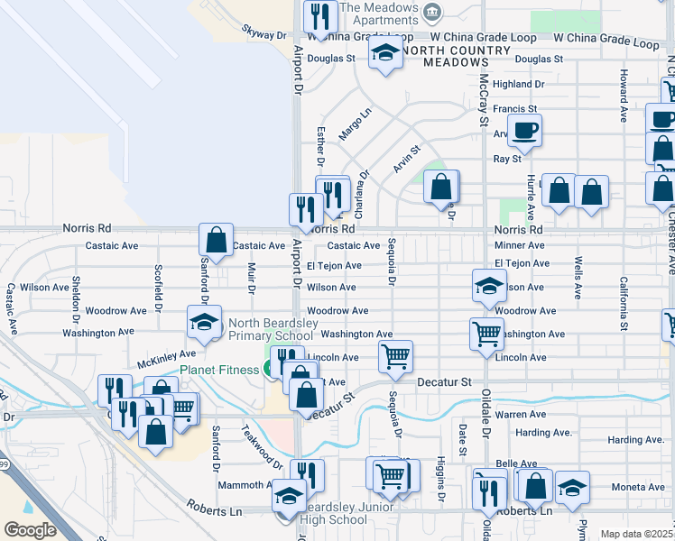 map of restaurants, bars, coffee shops, grocery stores, and more near 803 El Tejon Avenue in Bakersfield