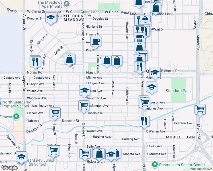 map of restaurants, bars, coffee shops, grocery stores, and more near 10191/2 El Tejon Avenue in Bakersfield