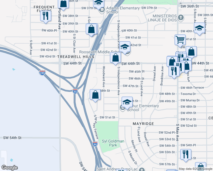 map of restaurants, bars, coffee shops, grocery stores, and more near 3336 Southwest 47th Street in Oklahoma City