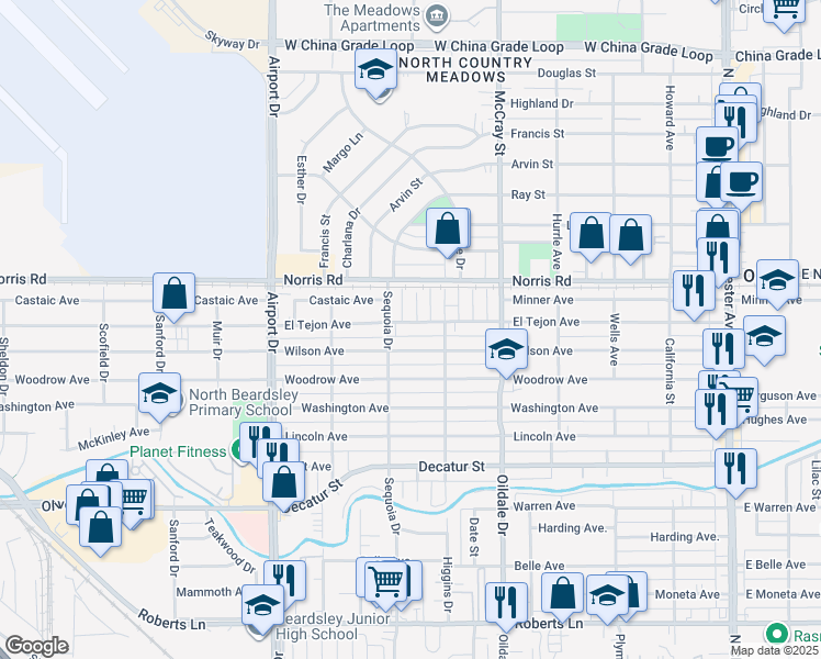 map of restaurants, bars, coffee shops, grocery stores, and more near 619 El Tejon Avenue in Bakersfield