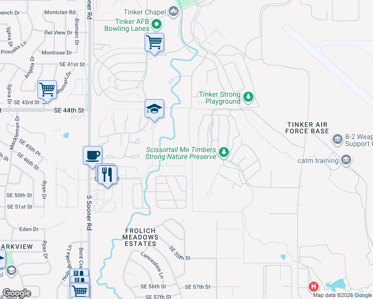 map of restaurants, bars, coffee shops, grocery stores, and more near 6223 Southeast 46th Street in Oklahoma City