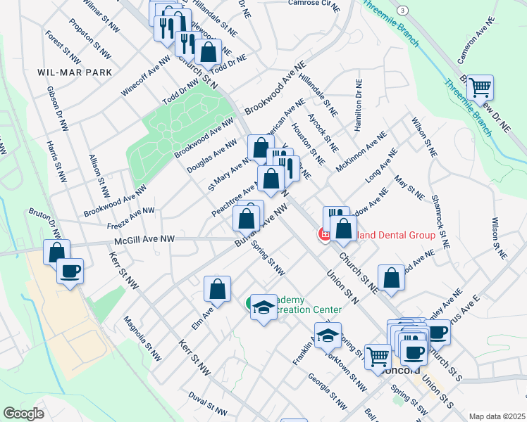 map of restaurants, bars, coffee shops, grocery stores, and more near 1 Buffalo Avenue Northwest in Concord