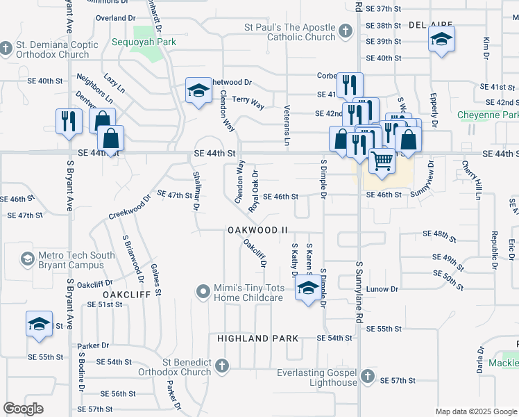 map of restaurants, bars, coffee shops, grocery stores, and more near 4716 Royal Oak Drive in Oklahoma City