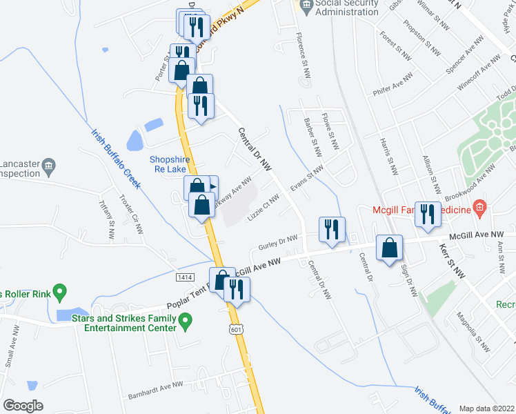 map of restaurants, bars, coffee shops, grocery stores, and more near 386 Lizzie Court Northwest in Concord