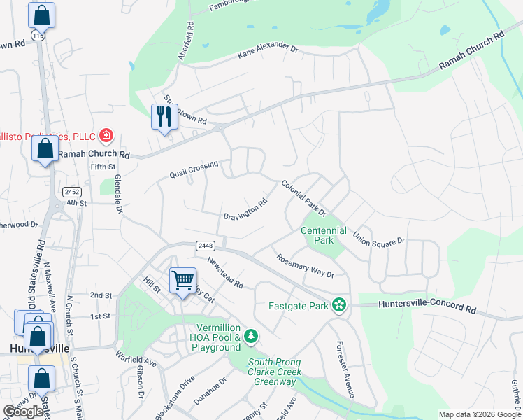 map of restaurants, bars, coffee shops, grocery stores, and more near 12710 Bravington Road in Huntersville