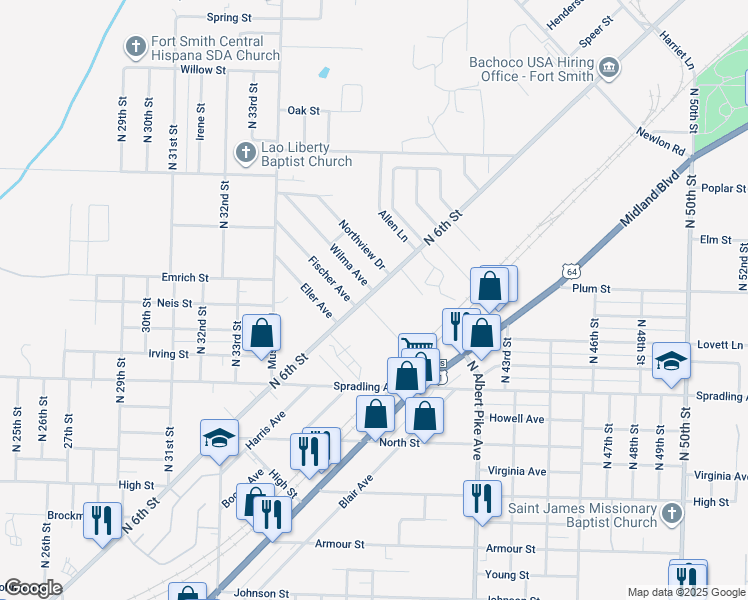 map of restaurants, bars, coffee shops, grocery stores, and more near 4004 North 6th Street in Fort Smith