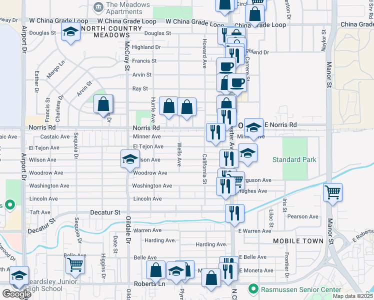 map of restaurants, bars, coffee shops, grocery stores, and more near 217 El Tejon Avenue in Bakersfield