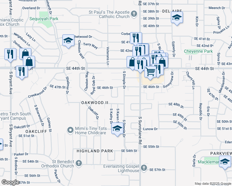 map of restaurants, bars, coffee shops, grocery stores, and more near 4709 S Karen Dr in Oklahoma City