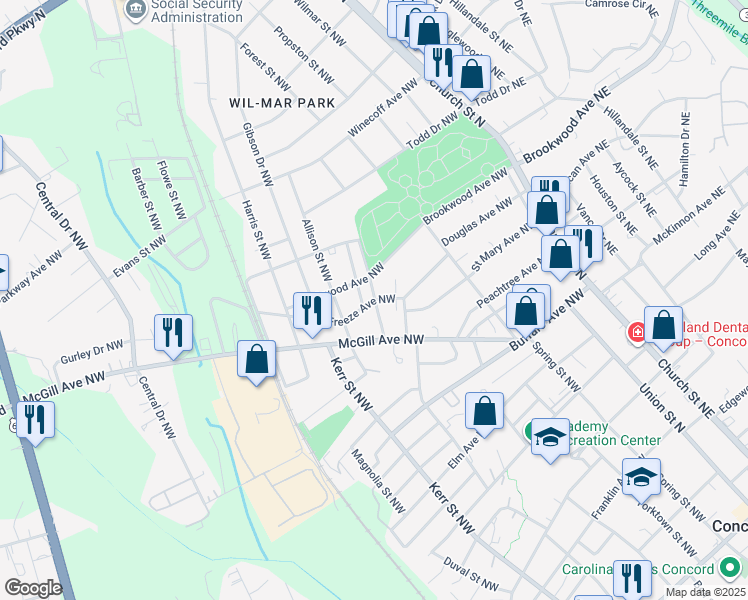 map of restaurants, bars, coffee shops, grocery stores, and more near 445 Saint James Street Northwest in Concord