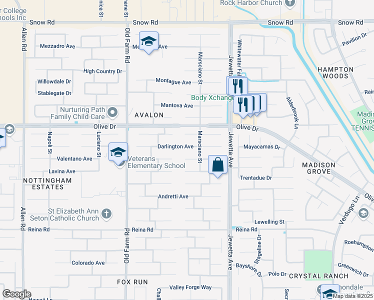 map of restaurants, bars, coffee shops, grocery stores, and more near 11603 Darlington Ave in Bakersfield