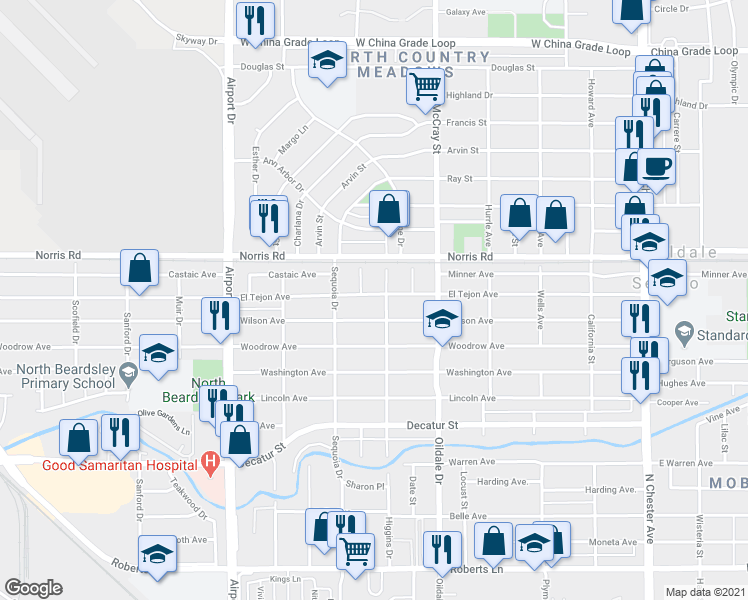map of restaurants, bars, coffee shops, grocery stores, and more near 601 El Tejon Avenue in Bakersfield