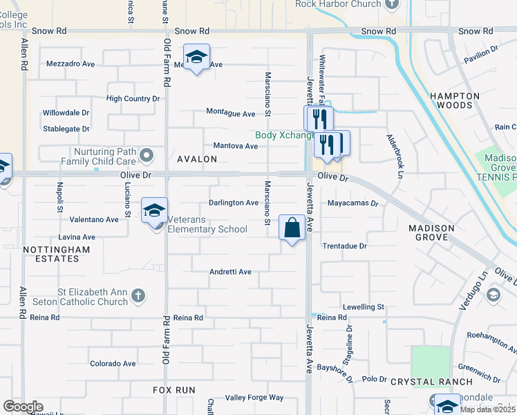 map of restaurants, bars, coffee shops, grocery stores, and more near 11603 Darlington Avenue in Bakersfield