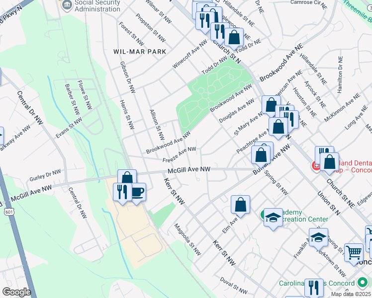 map of restaurants, bars, coffee shops, grocery stores, and more near 445 Saint James Street Northwest in Concord
