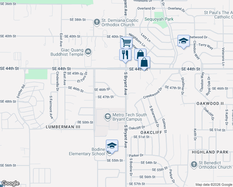 map of restaurants, bars, coffee shops, grocery stores, and more near 2905 Southeast 47th Street in Oklahoma City