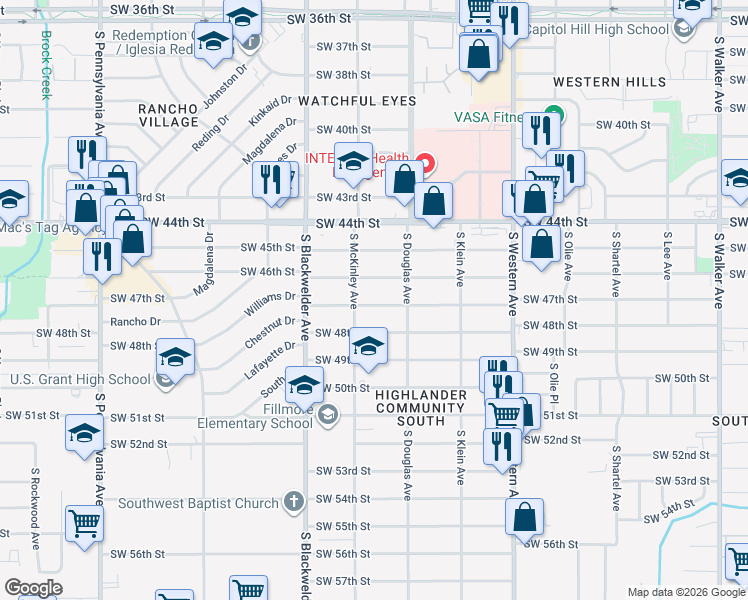 map of restaurants, bars, coffee shops, grocery stores, and more near 1121 Southwest 47th Street in Oklahoma City