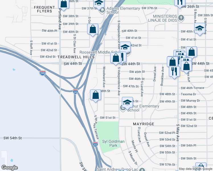 map of restaurants, bars, coffee shops, grocery stores, and more near 3336 Southwest 47th Street in Oklahoma City
