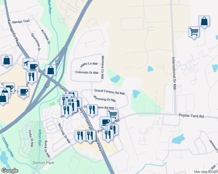map of restaurants, bars, coffee shops, grocery stores, and more near 5000 Grand Canyon Road Northwest in Concord