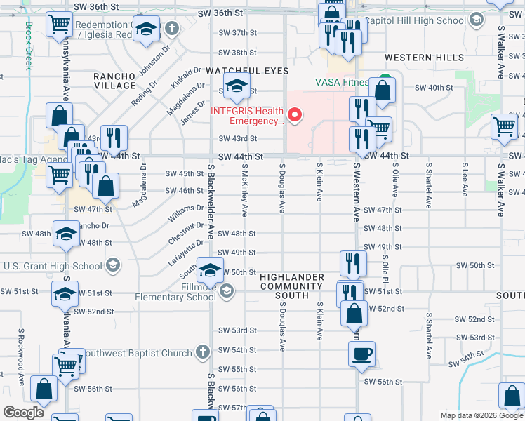map of restaurants, bars, coffee shops, grocery stores, and more near 1121 Southwest 47th Street in Oklahoma City