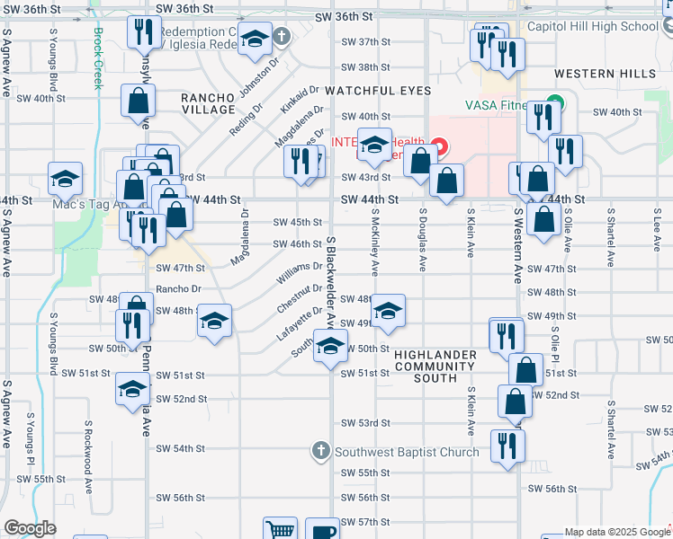 map of restaurants, bars, coffee shops, grocery stores, and more near 4718 South Blackwelder Avenue in Oklahoma City