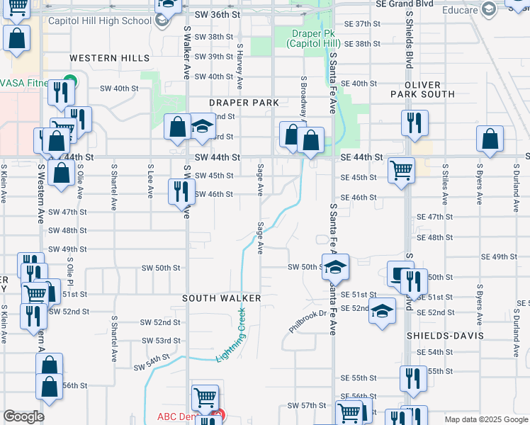 map of restaurants, bars, coffee shops, grocery stores, and more near 4800 Sage Avenue in Oklahoma City